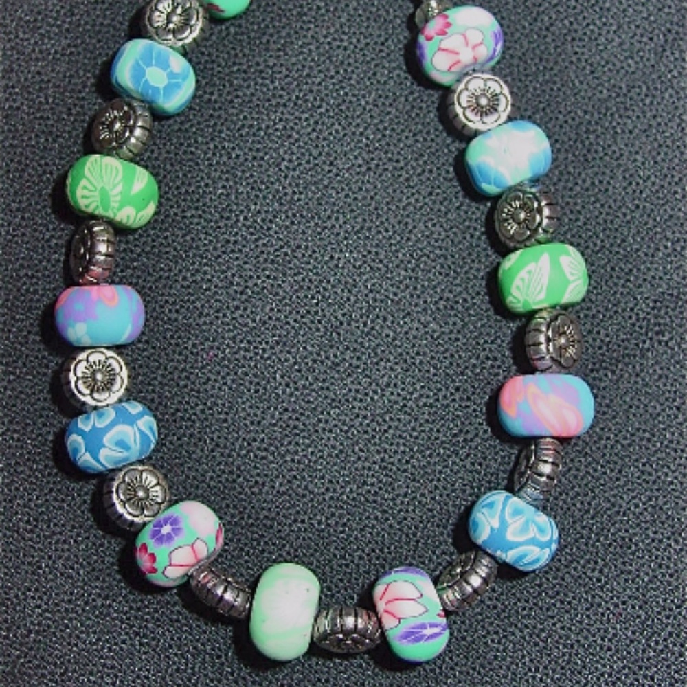 Flower Blue Green Polymer Clay Handmade Bracelet